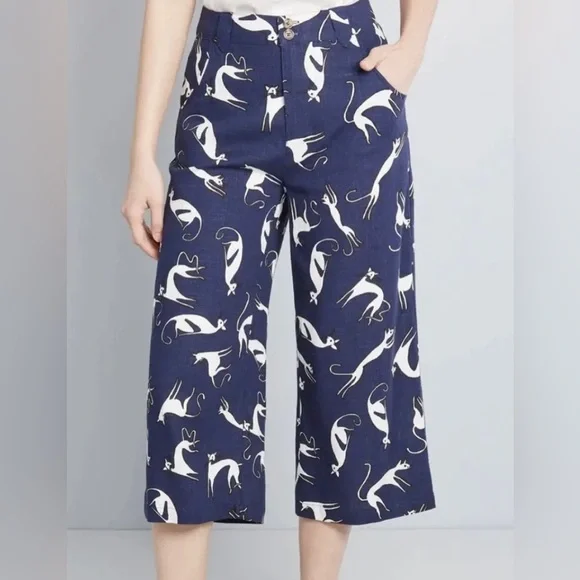ModCloth Feline Cat Print Wide Leg Linen Crop Pant Sz 8 - Picture 1 of 14